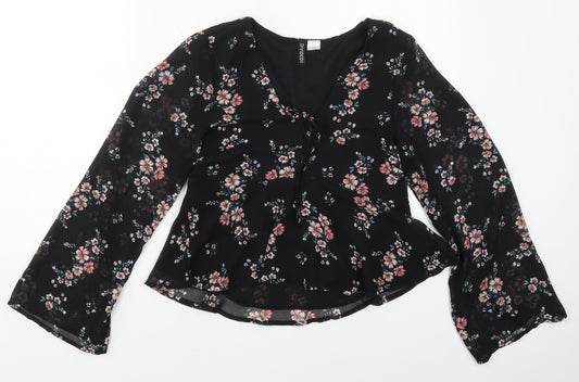 H&M Womens Black Floral Polyester Basic Blouse Size 6 V-Neck
