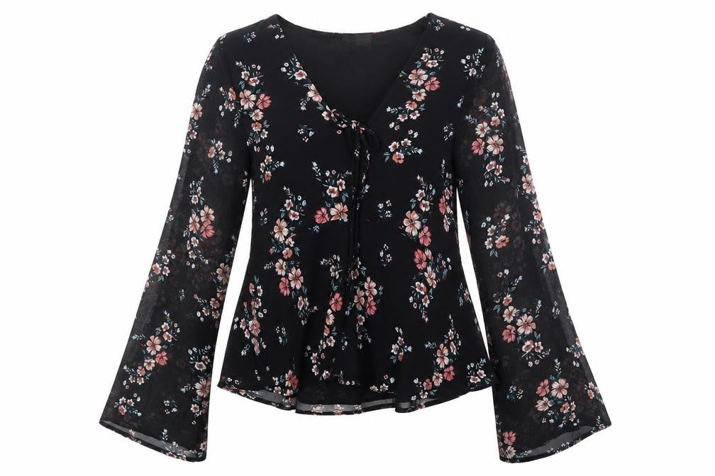 H&M Womens Black Floral Polyester Basic Blouse Size 6 V-Neck