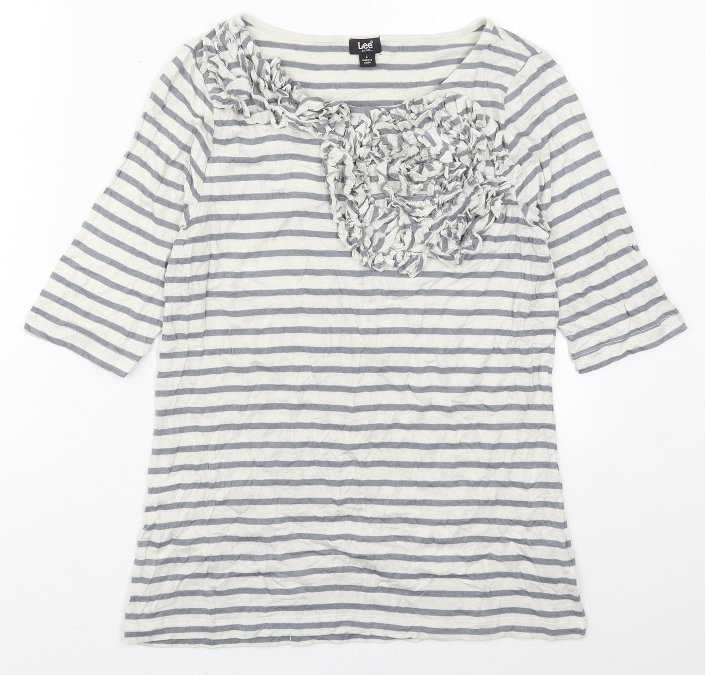 Lee Womens Grey Striped Viscose Basic T-Shirt Size L Round Neck