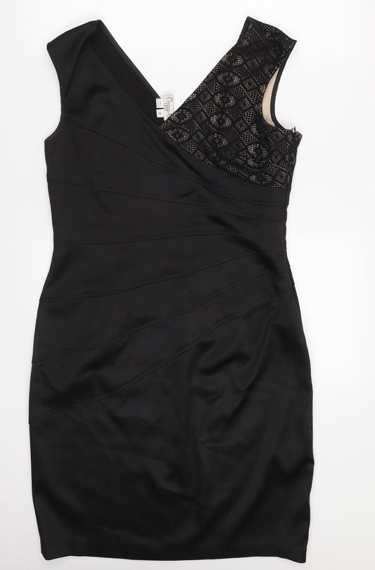 Maggy London Womens Black Argyle/Diamond Polyester A-Line  Size 12  V-Neck Zip
