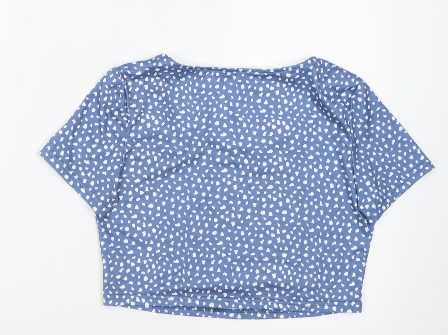 ROMWE Womens Blue Polka Dot Polyacrylate Fibre Cropped T-Shirt Size M Scoop Neck