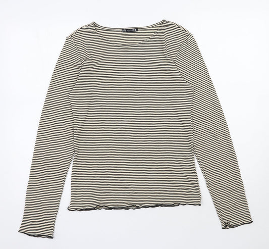 Zara Womens Beige Striped Polyester Basic Blouse Size L Round Neck