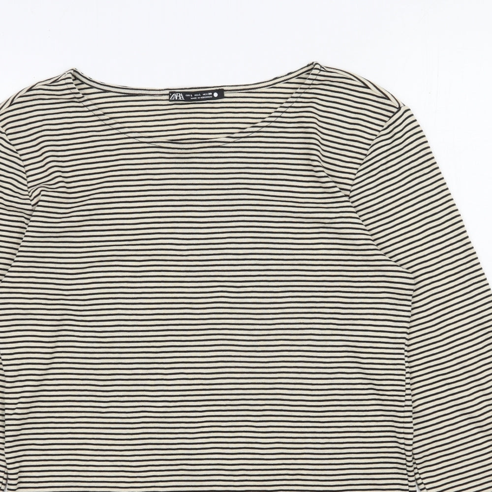 Zara Womens Beige Striped Polyester Basic Blouse Size L Round Neck