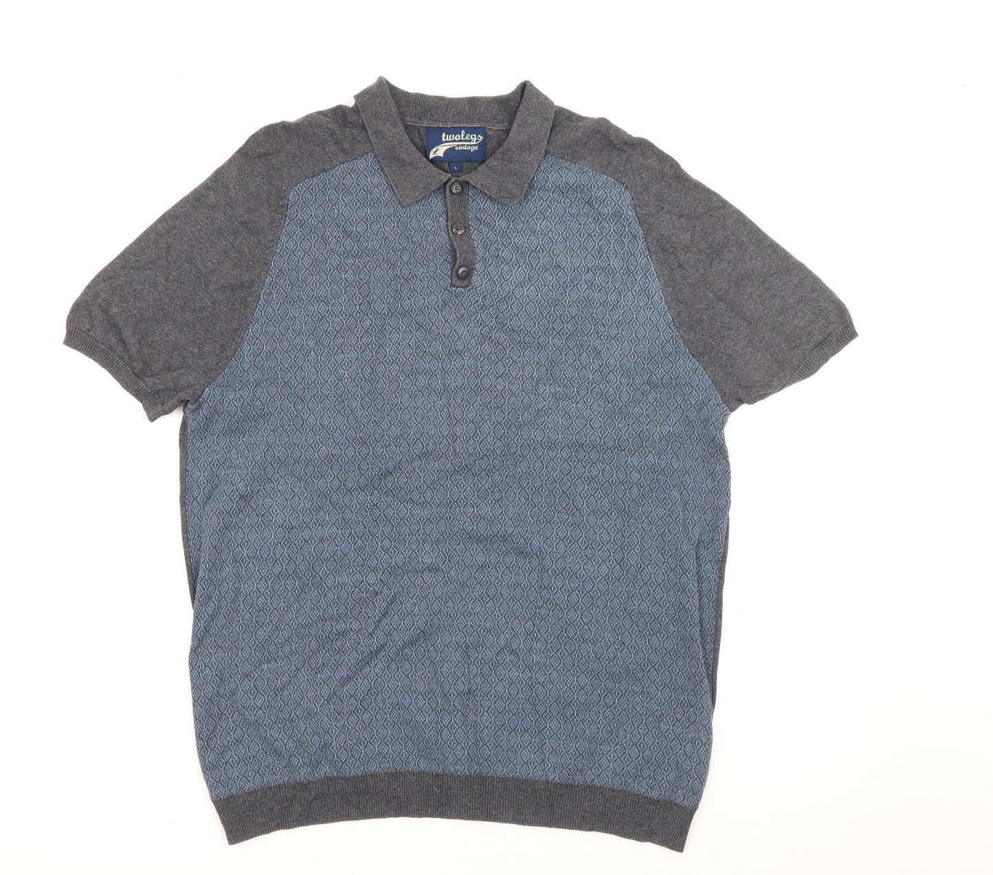 Twolegs Mens Blue  Cotton  Polo Size L Collared Button