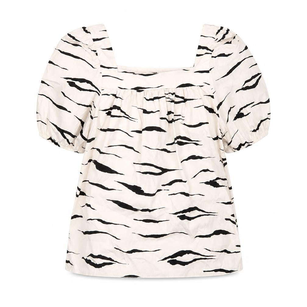 New Look Womens Ivory Animal Print Cotton Basic Blouse Size 10 Square Neck