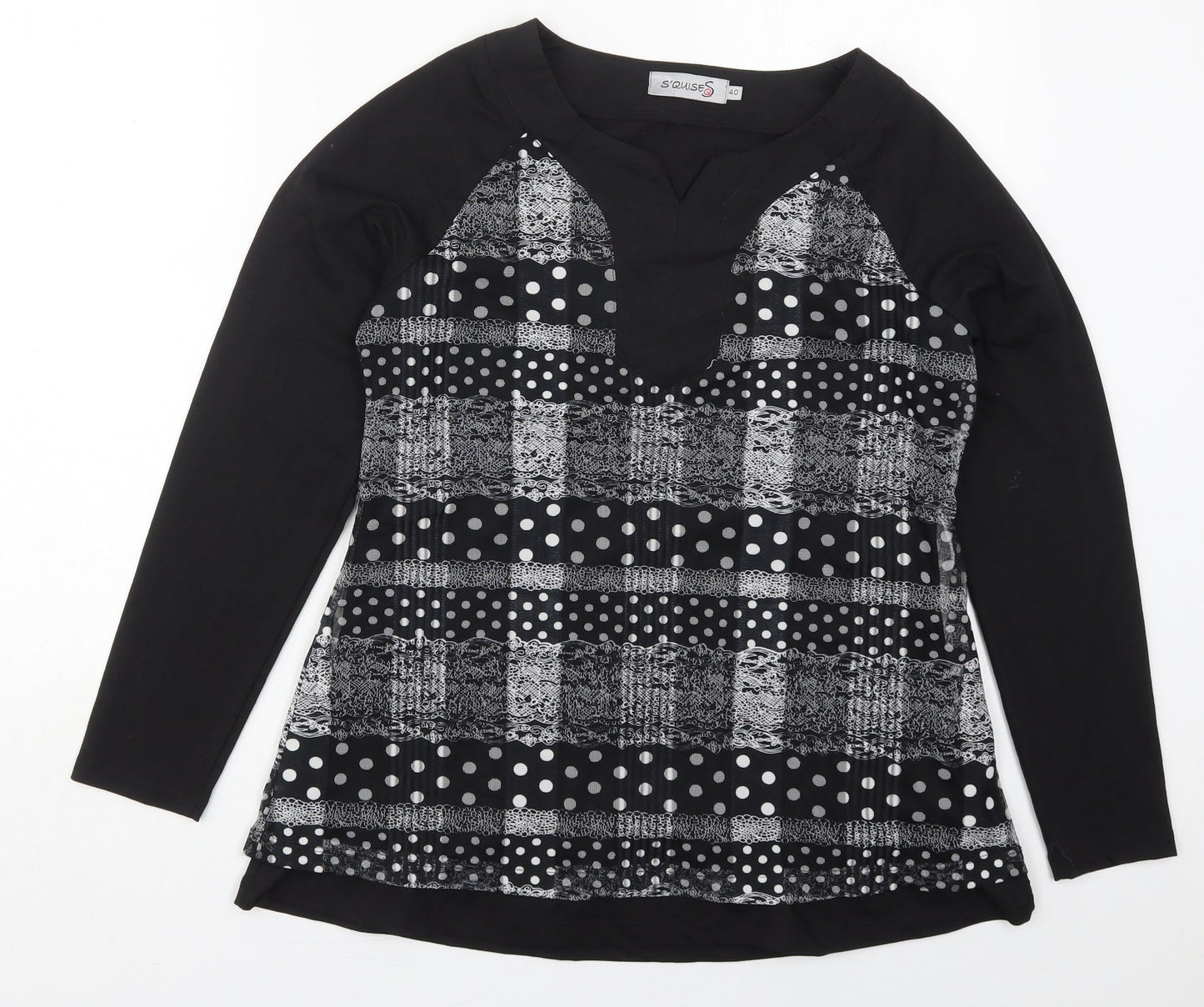 Squises Womens Black Polka Dot Cotton Basic T-Shirt Size 12 V-Neck