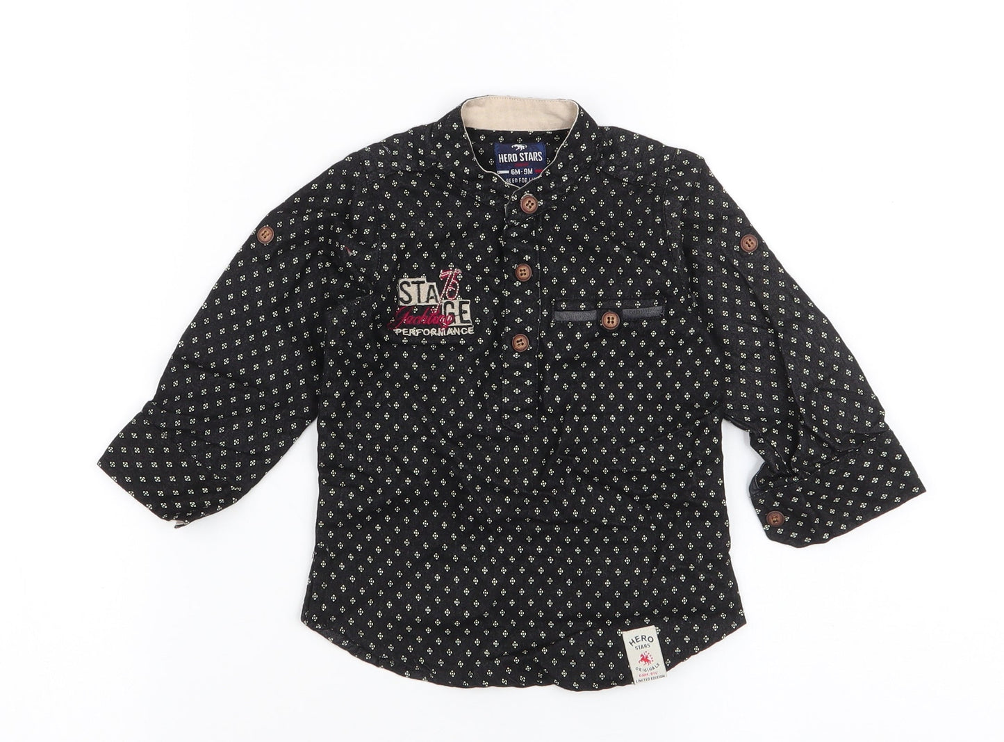 Hero Stars  Boys Black Geometric Cotton Basic Button-Up Size 6-9 Months High Neck Button