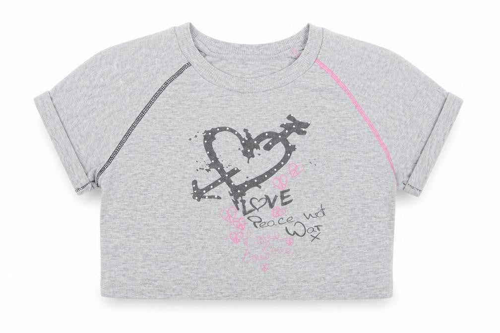 Dunnes Stores Girls Grey  Polyester Cropped T-Shirt Size 10 Years Crew Neck  - Love
