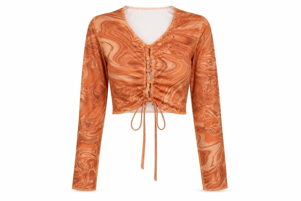 SheIn Womens Orange Geometric Polyester Cropped Blouse Size S V-Neck