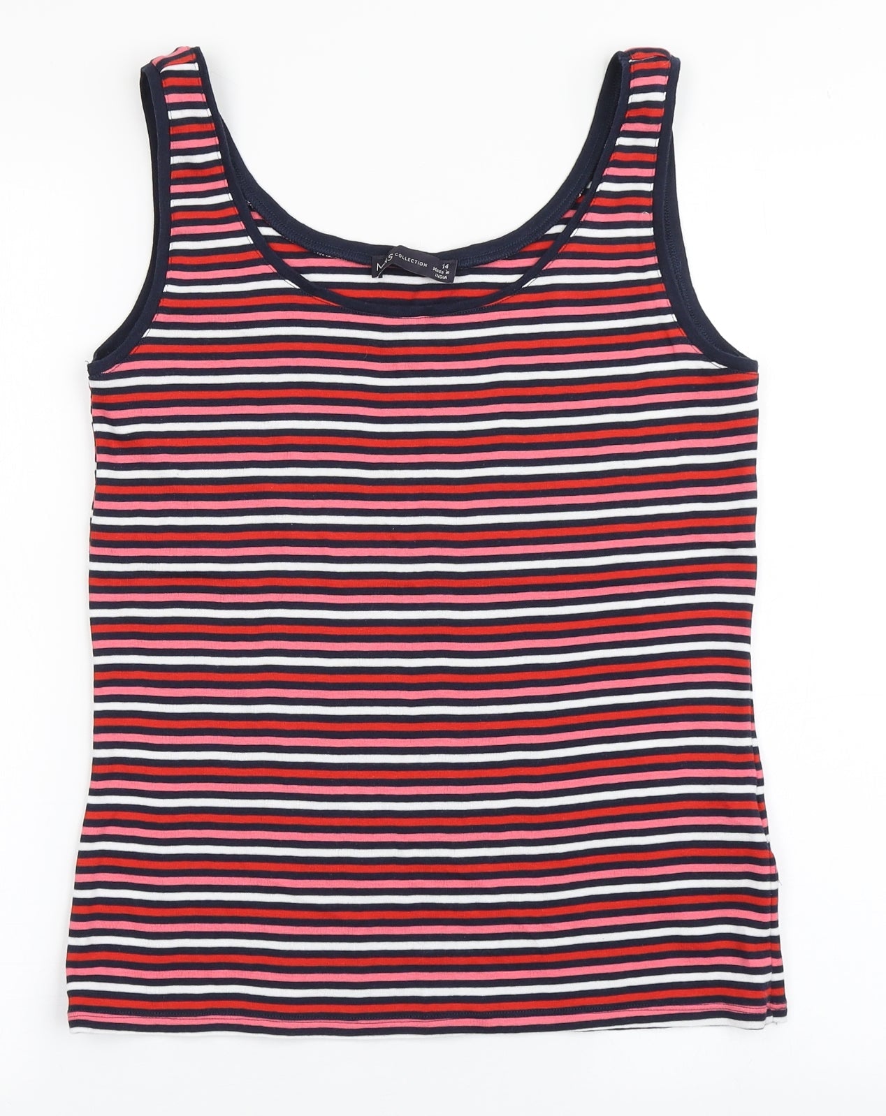 Marks and Spencer Womens Multicoloured Striped 100% Cotton Basic T-Shirt Size 14 Round Neck