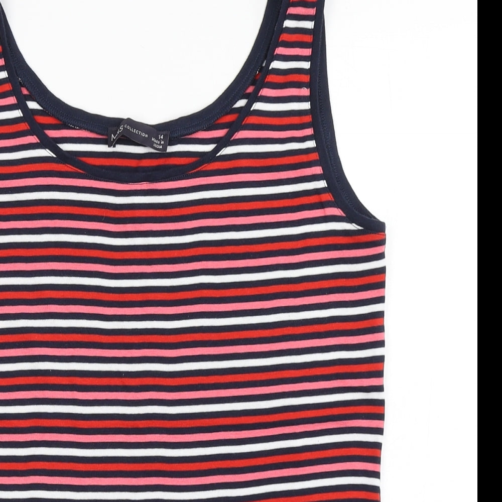 Marks and Spencer Womens Multicoloured Striped 100% Cotton Basic T-Shirt Size 14 Round Neck