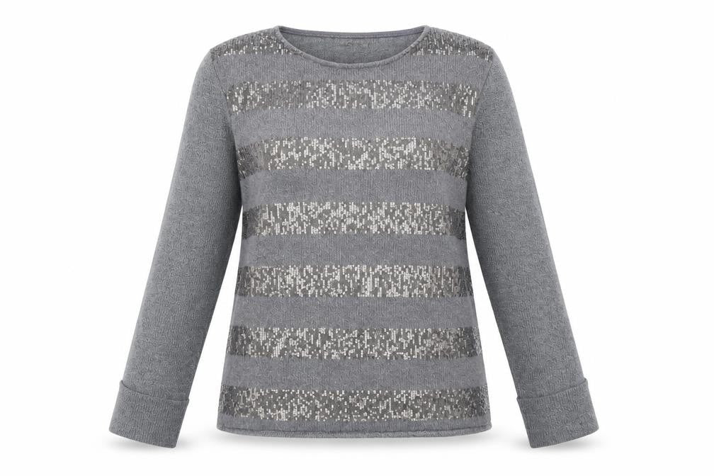 Carla Conti Womens Grey Round Neck Striped Polyester Pullover Jumper Size XL