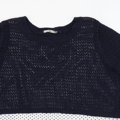 Tu Womens Blue Crew Neck Polka Dot Cotton Pullover Jumper Size 10