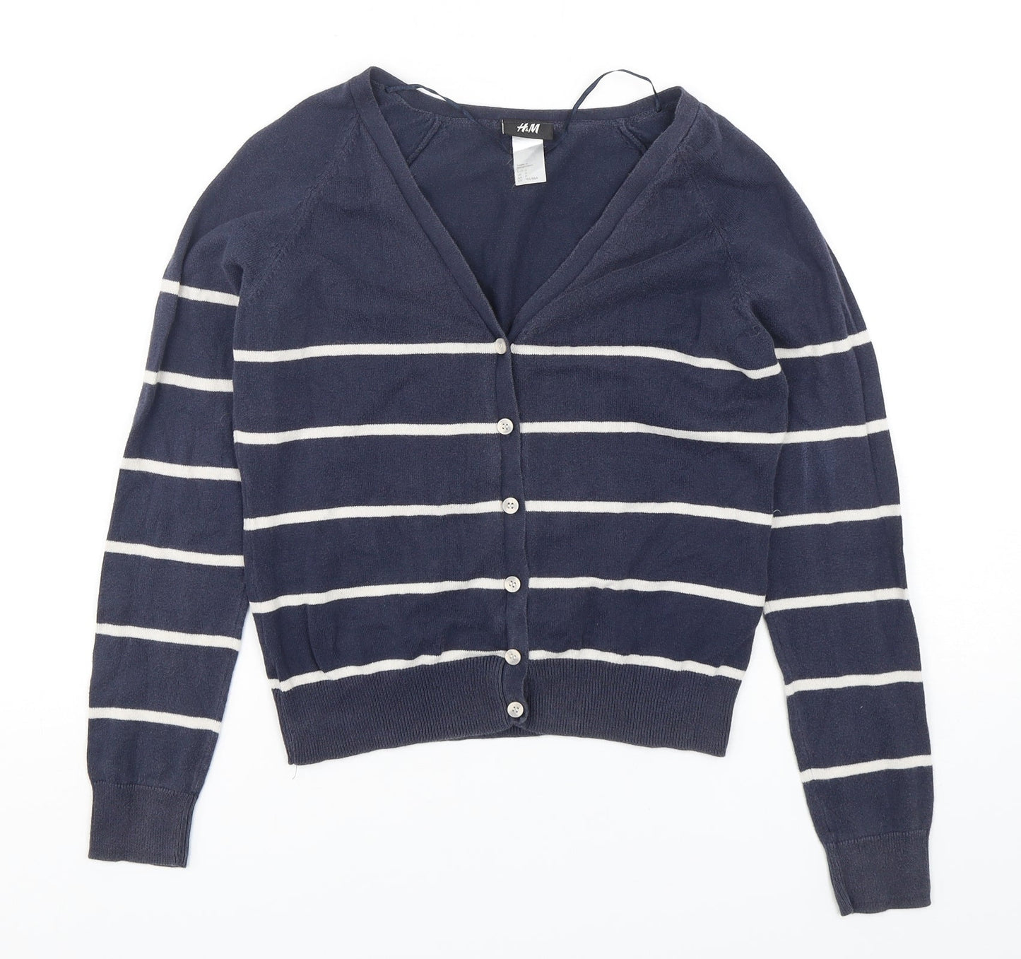 H&M Womens Blue V-Neck Striped Cotton Cardigan Jumper Size S