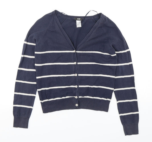 H&M Womens Blue V-Neck Striped Cotton Cardigan Jumper Size S