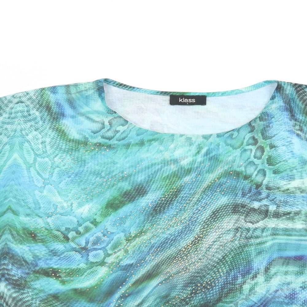 Klass Womens Green Animal Print Polyester Basic Blouse Size L Crew Neck