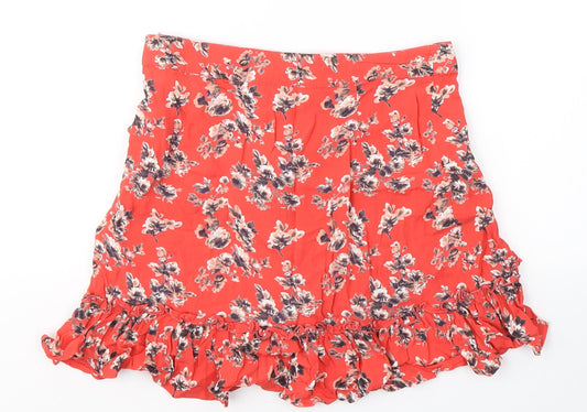 Topshop Womens Red Floral Viscose Flare Skirt Size 8   Zip