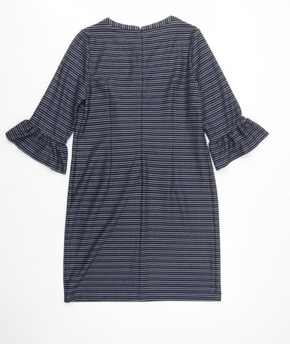 Tu Womens Blue Striped Polyester Shift  Size 12  Crew Neck Zip
