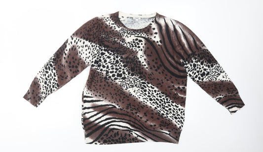 //Text... Womens Brown Crew Neck Animal Print Viscose Pullover Jumper Size XL