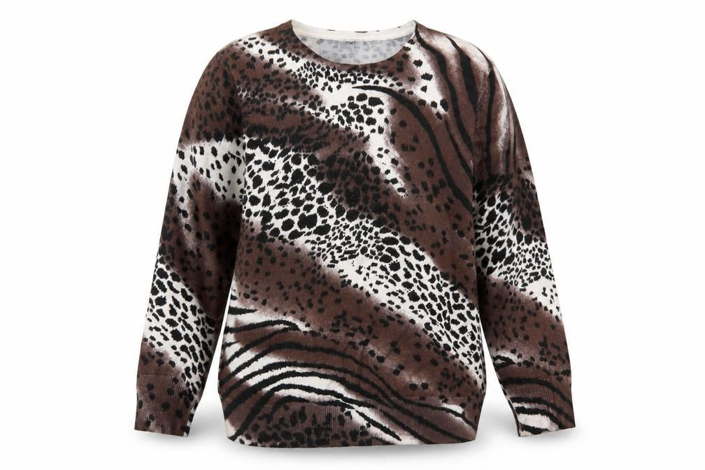 //Text... Womens Brown Crew Neck Animal Print Viscose Pullover Jumper Size XL