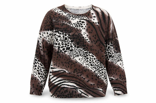 //Text... Womens Brown Crew Neck Animal Print Viscose Pullover Jumper Size XL
