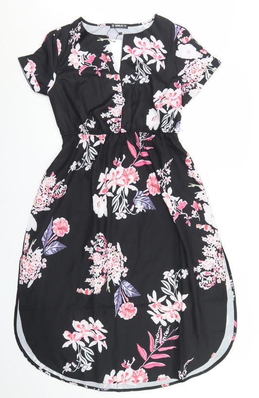 Sheilay Womens Black Floral Polyester Fit & Flare  Size S  Round Neck
