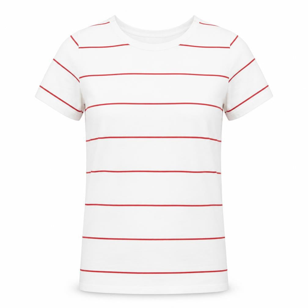 Newport Womens White Striped Polyester Basic T-Shirt Size M Round Neck