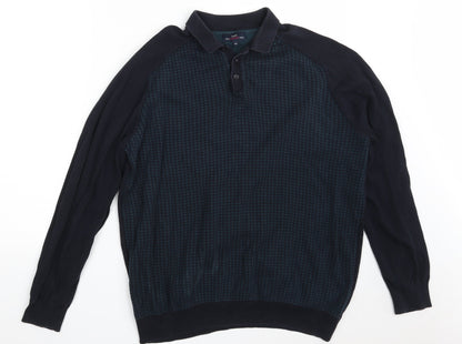 Easy Mens Blue Collared Houndstooth Cotton Pullover Jumper Size XL