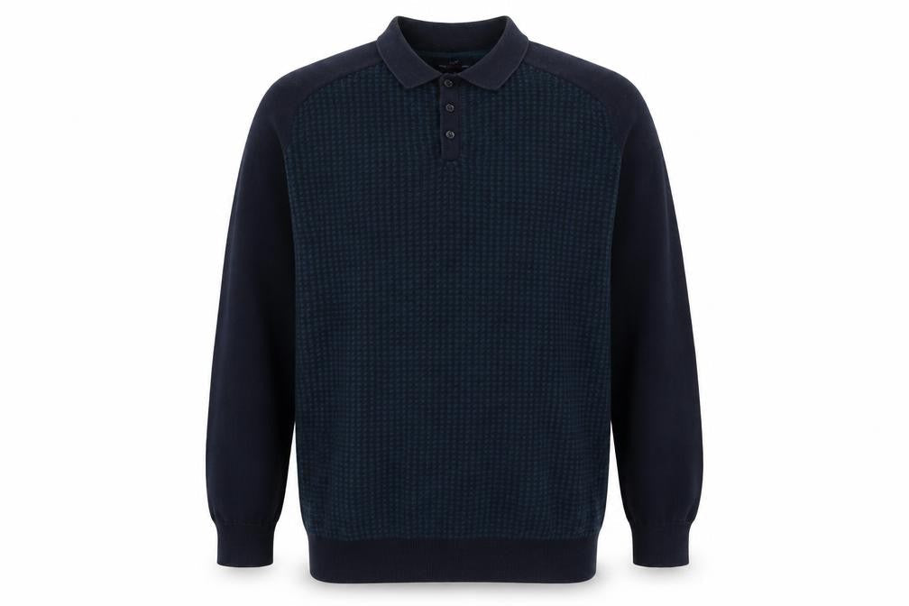 Easy Mens Blue Collared Houndstooth Cotton Pullover Jumper Size XL