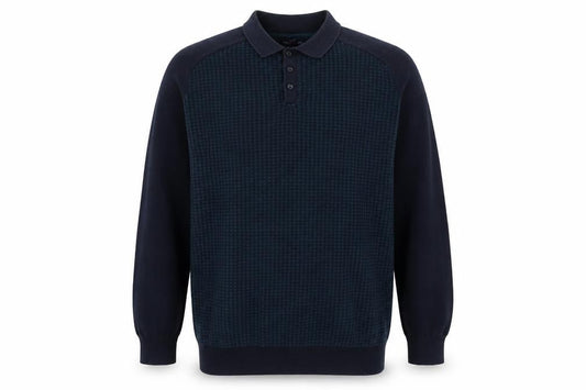 Easy Mens Blue Collared Houndstooth Cotton Pullover Jumper Size XL