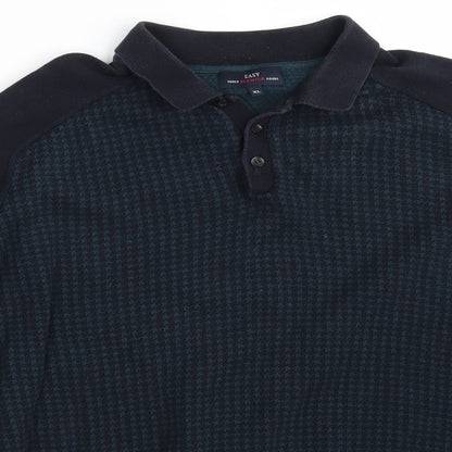 Easy Mens Blue Collared Houndstooth Cotton Pullover Jumper Size XL
