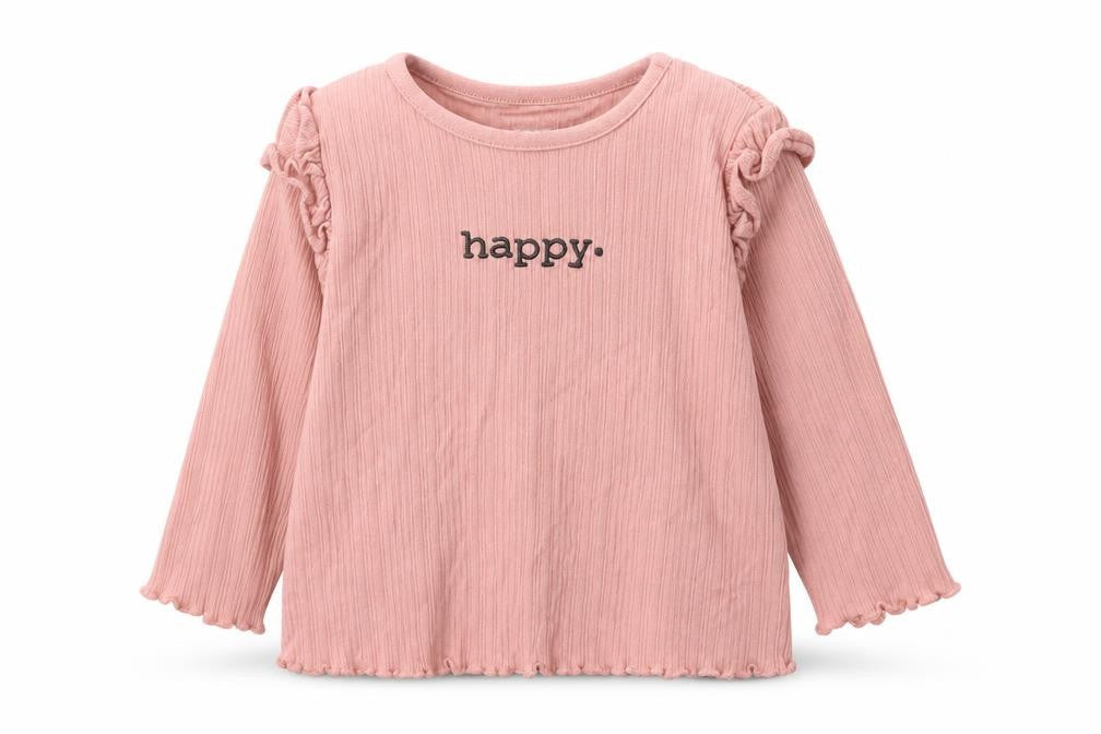 Fred&Flo Girls Pink  Cotton Basic Casual Size 6-9 Months Round Neck Pullover - Happy