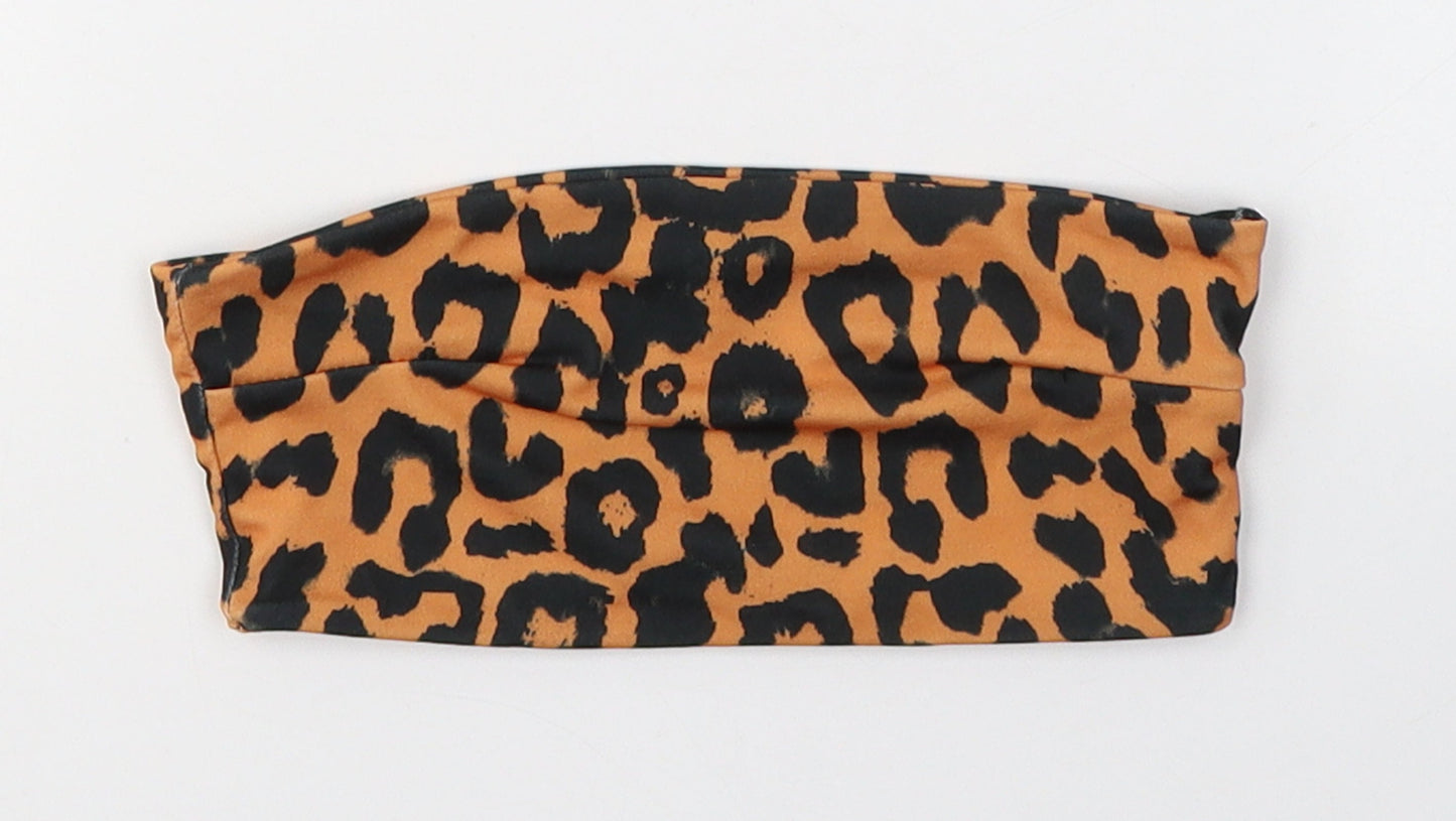 PRETTYLITTLETHING Womens Orange Animal Print Polyester Cropped T-Shirt Size 4 Off the Shoulder