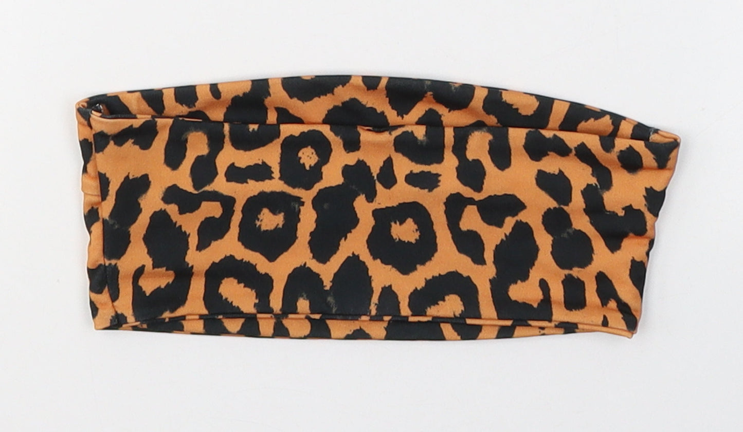 PRETTYLITTLETHING Womens Orange Animal Print Polyester Cropped T-Shirt Size 4 Off the Shoulder