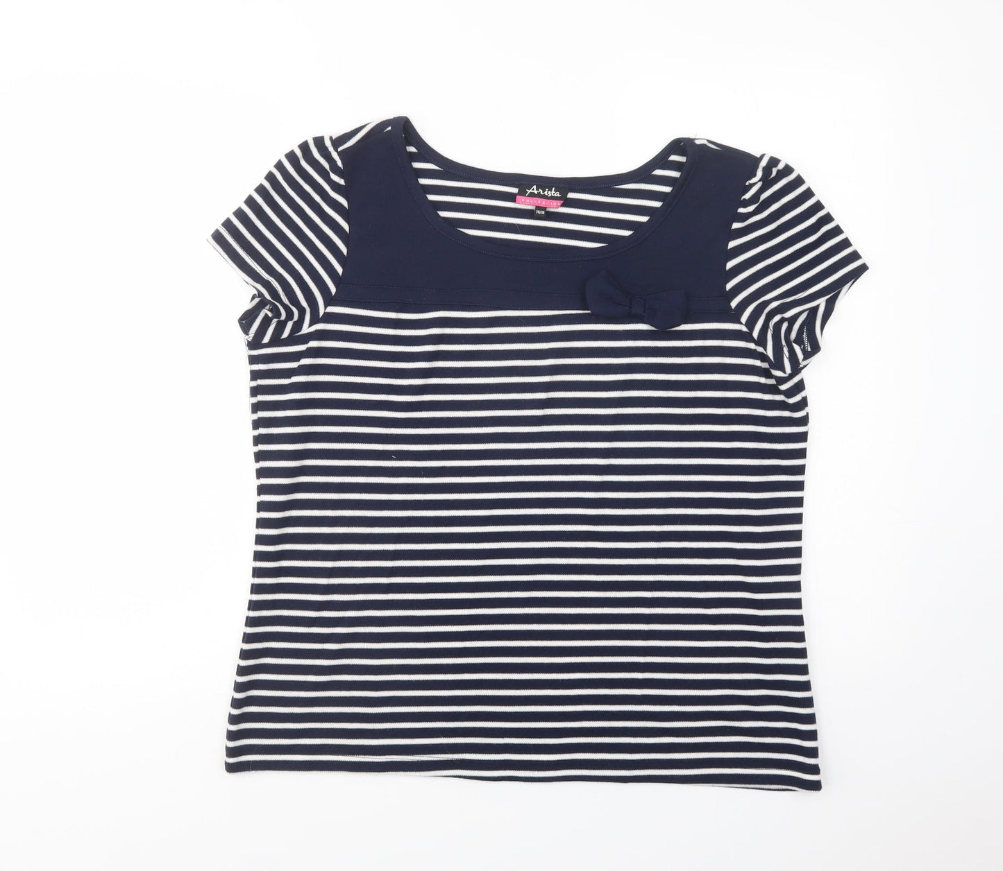 Arista Womens Blue Striped Polyester Basic T-Shirt Size 14 Boat Neck