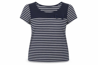 Arista Womens Blue Striped Polyester Basic T-Shirt Size 14 Boat Neck