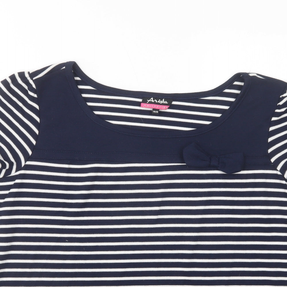 Arista Womens Blue Striped Polyester Basic T-Shirt Size 14 Boat Neck