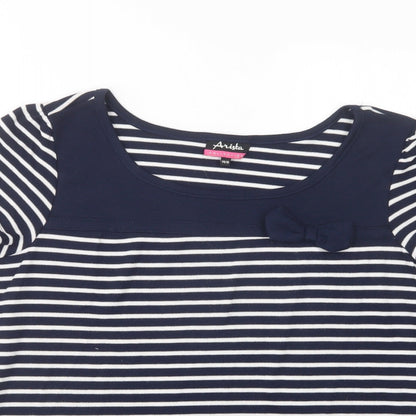 Arista Womens Blue Striped Polyester Basic T-Shirt Size 14 Boat Neck