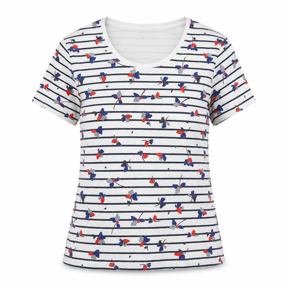 Claudia C. Womens White Floral Polyester Basic T-Shirt Size M Scoop Neck