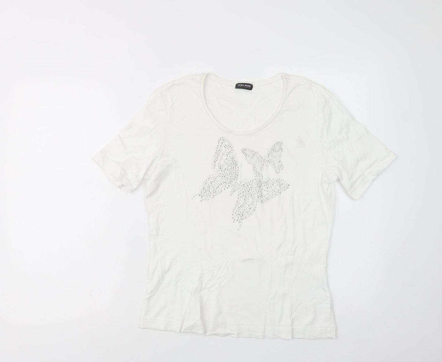 Gerry Weber Womens White  Viscose Basic T-Shirt Size 14 Scoop Neck - Butterflies