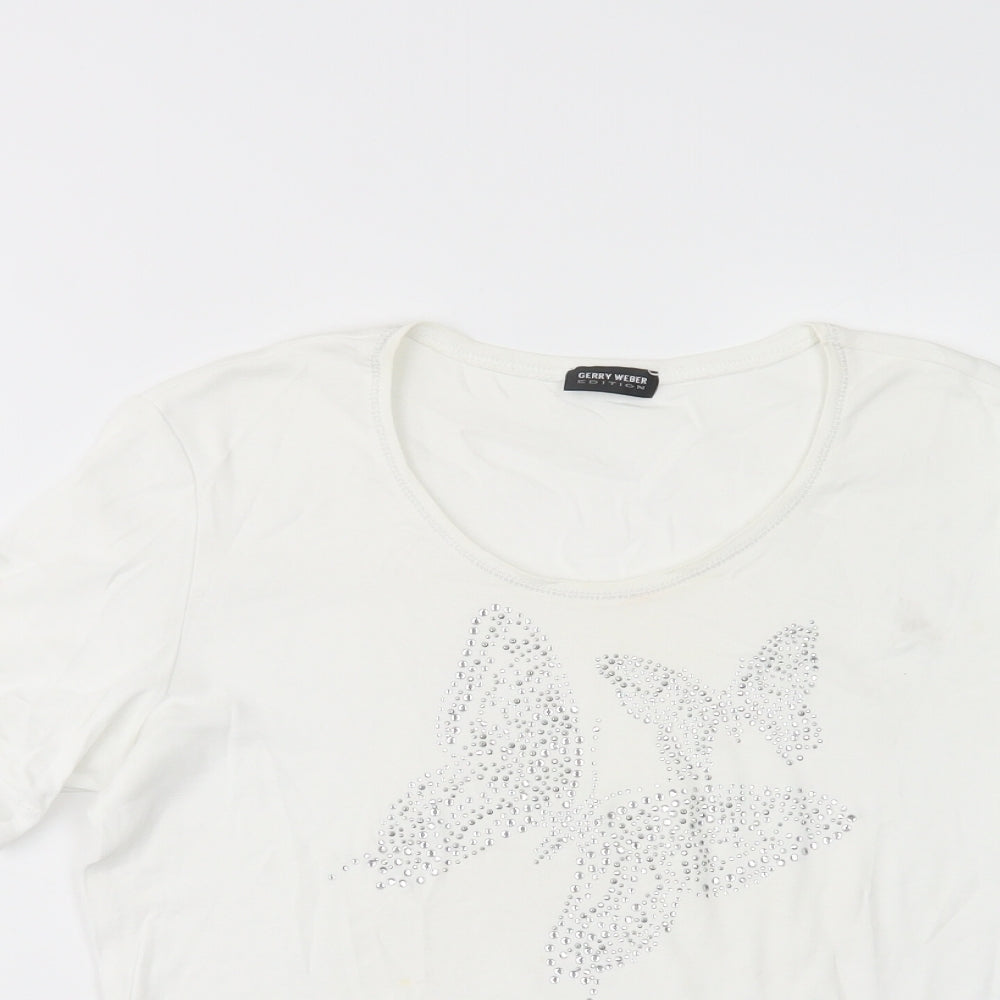 Gerry Weber Womens White  Viscose Basic T-Shirt Size 14 Scoop Neck - Butterflies