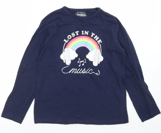 Primark Girls Blue  Cotton Basic T-Shirt Size 9-10 Years Crew Neck  - Rainbow