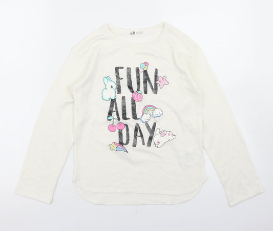 H&M Girls White  Polyester Basic T-Shirt Size 9-10 Years Round Neck  - Fun All Day
