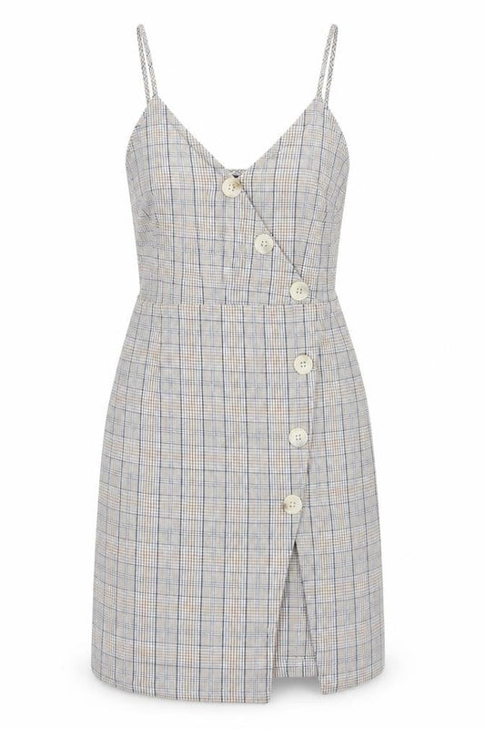 QED London Womens Beige Plaid Cotton Pencil Dress  Size 12  V-Neck Zip