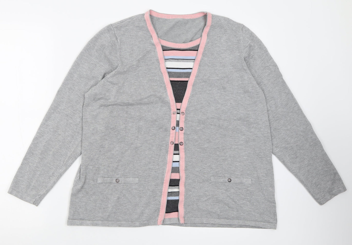 Preworn Womens Grey Crew Neck Striped Viscose Pullover Jumper Size L