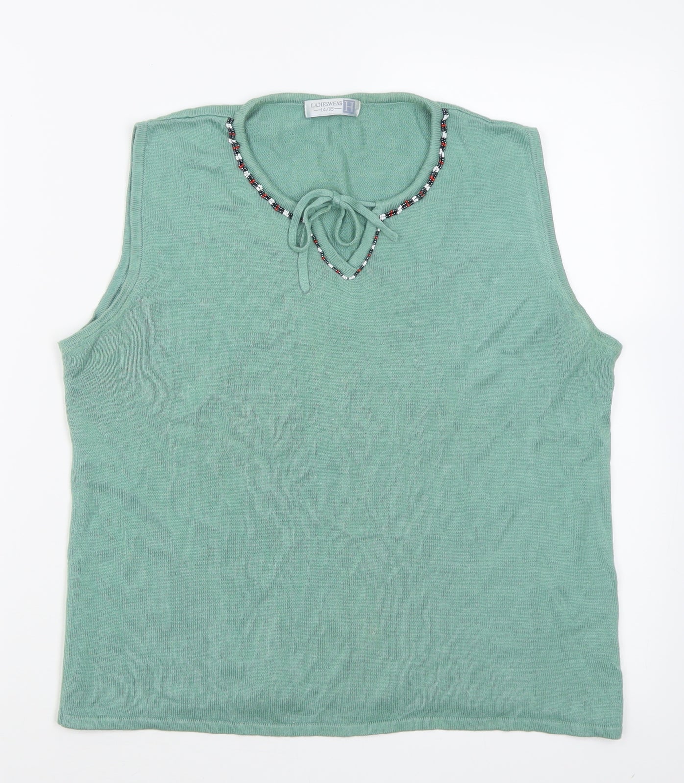 Preworn Womens Green V-Neck  Cotton Vest Jumper Size 14
