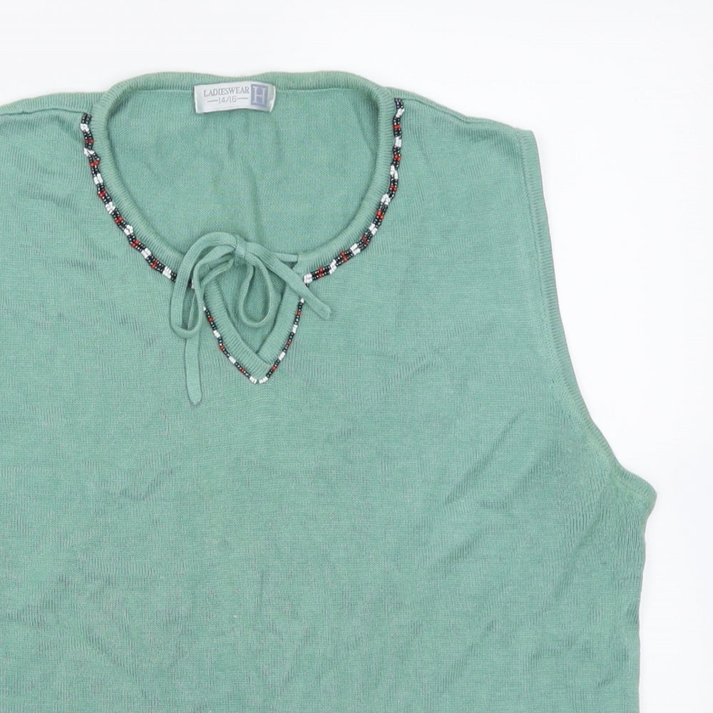 Preworn Womens Green V-Neck  Cotton Vest Jumper Size 14