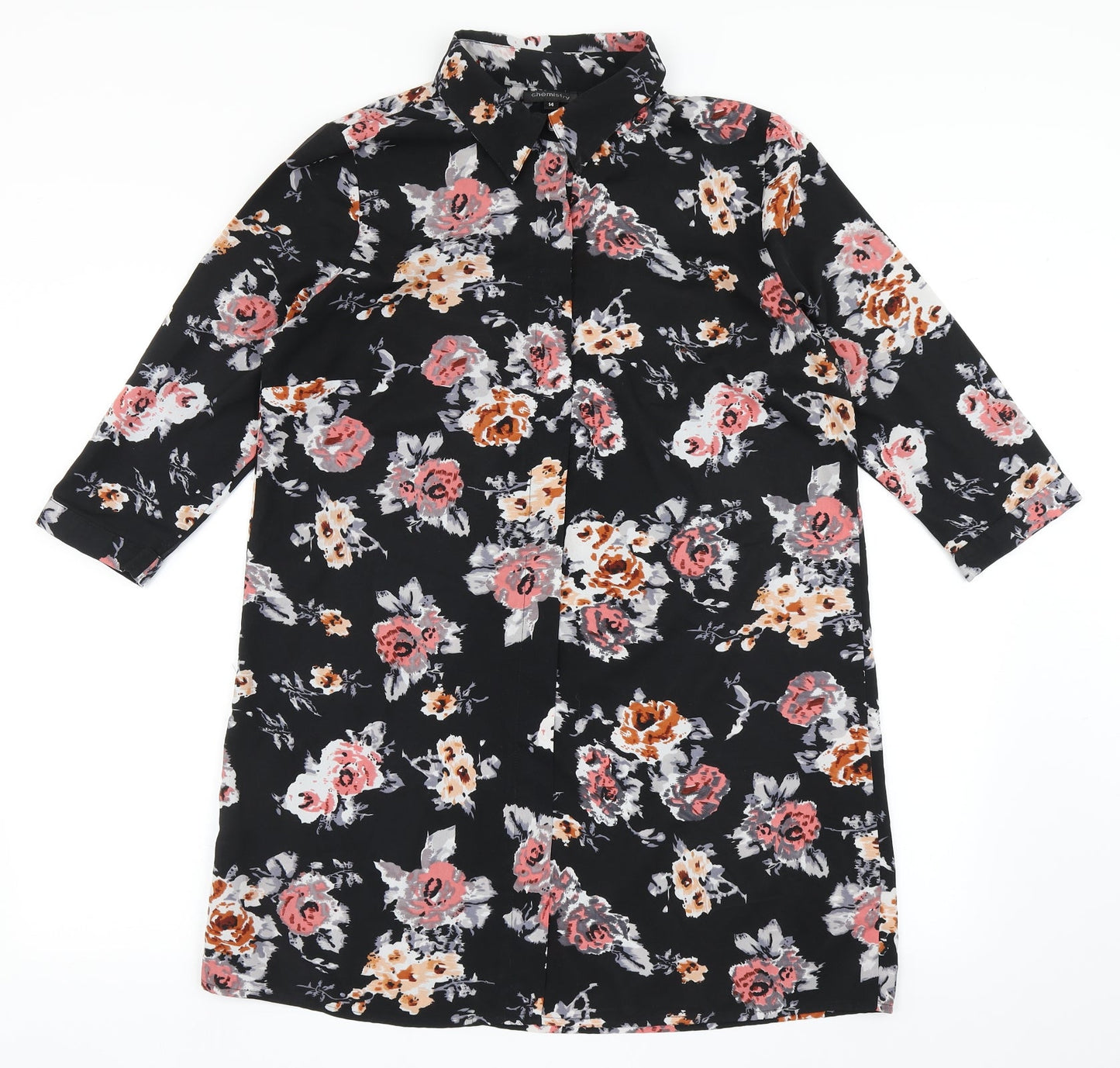 Chemistry Womens Black Floral Polyester Basic Button-Up Size 14 Collared