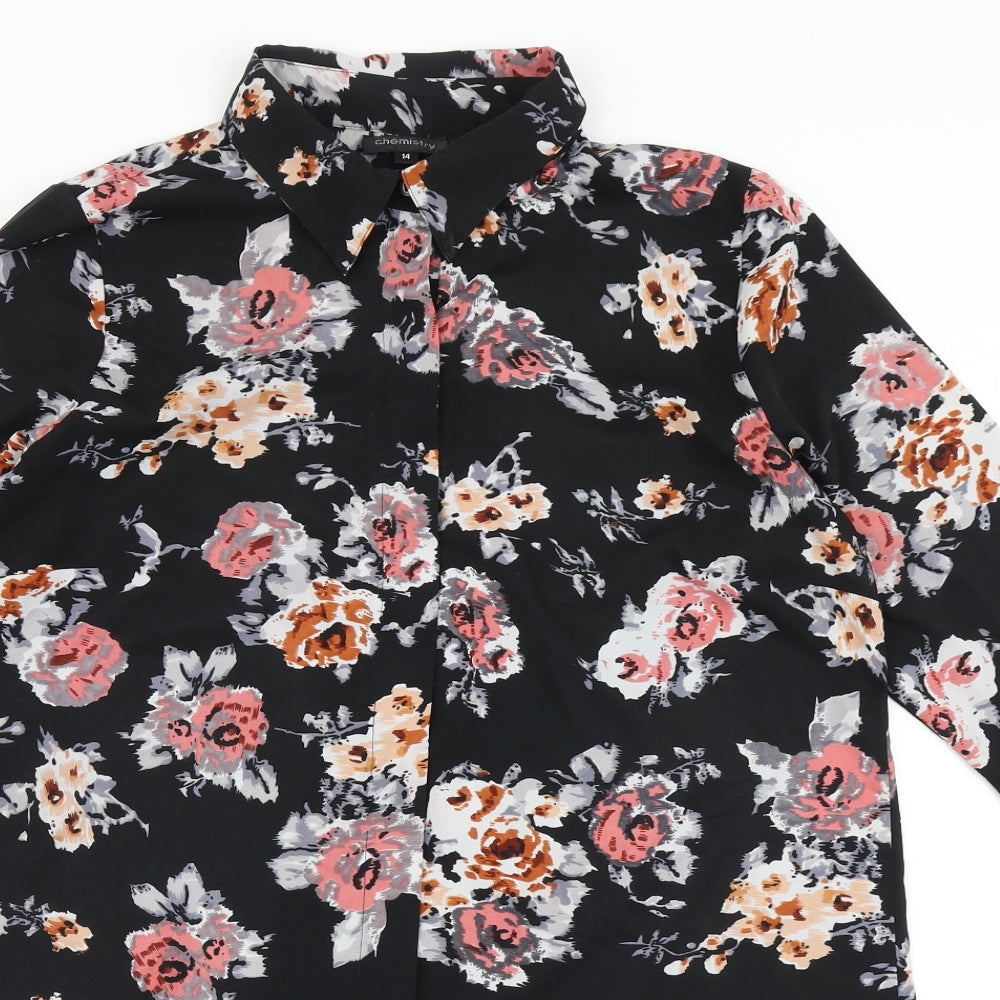 Chemistry Womens Black Floral Polyester Basic Button-Up Size 14 Collared