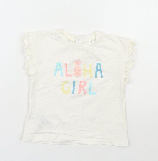 MNG  Girls Ivory  100% Cotton Basic T-Shirt Size 12-18 Months Round Neck Snap